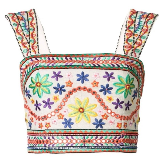 Alice + Olivia Tops - Alice + Olivia “Esme” cropped embellished boho embroidered linen top Size 0